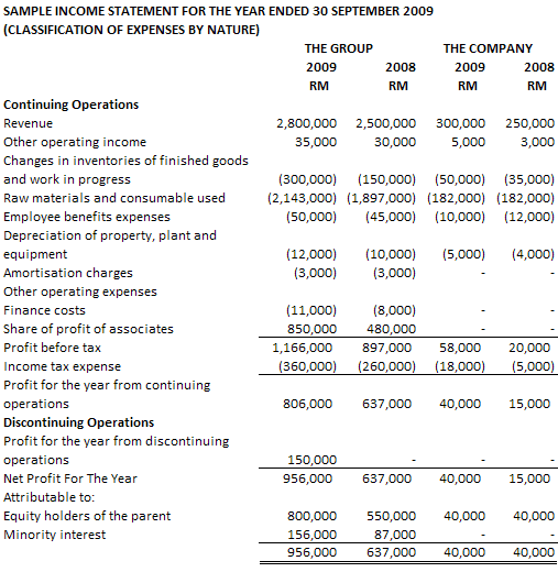 Sample Income Statement With Expenses By Nature 18 October 2009